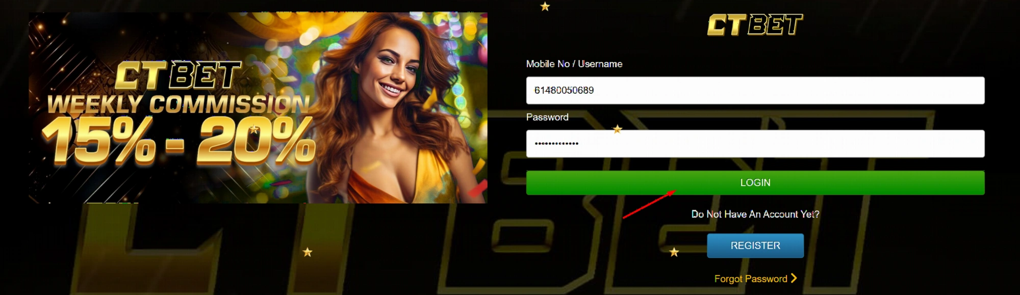 CTBet Casino login page